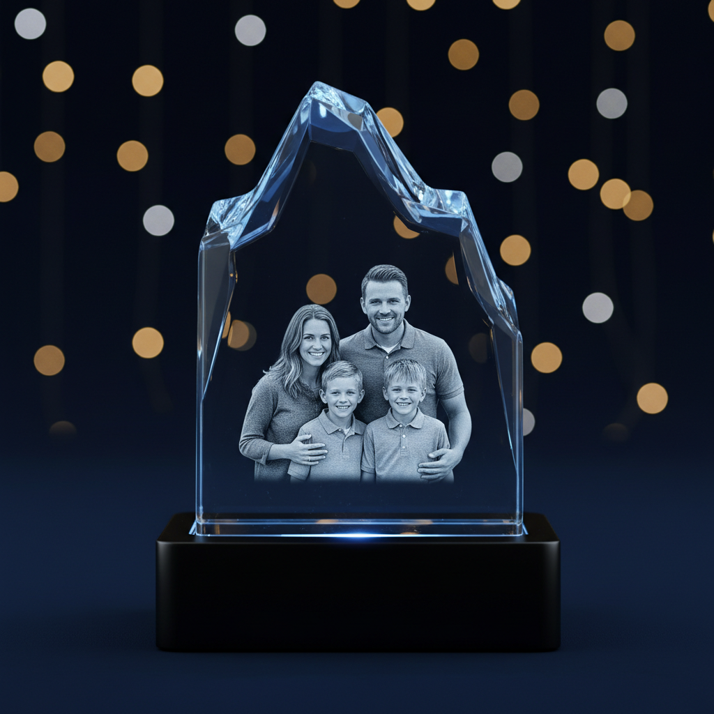 3D Crystal Iceberg with laser engraved family portrait on blue LED base