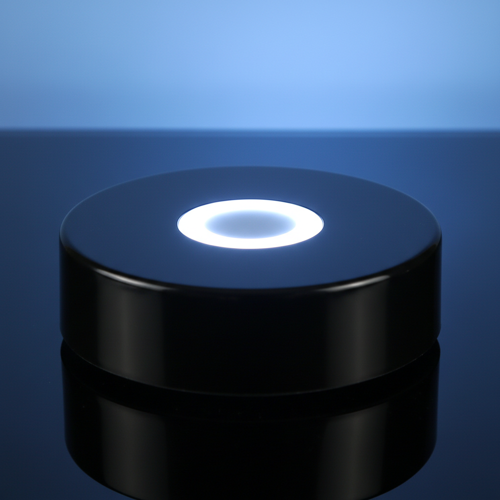 Round glossy black rotating LED light base with white light on top