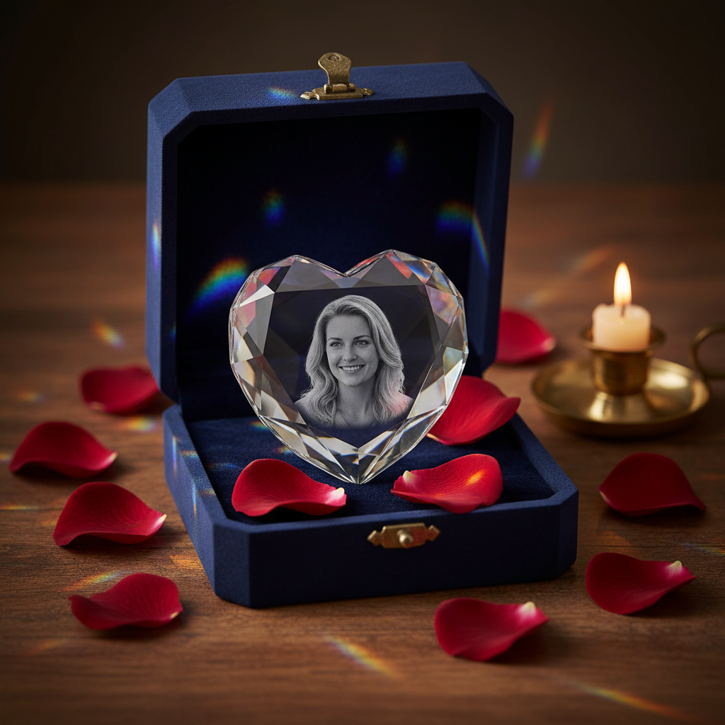 3D Crystal Heart in luxury gift box with rose petals and candlelight