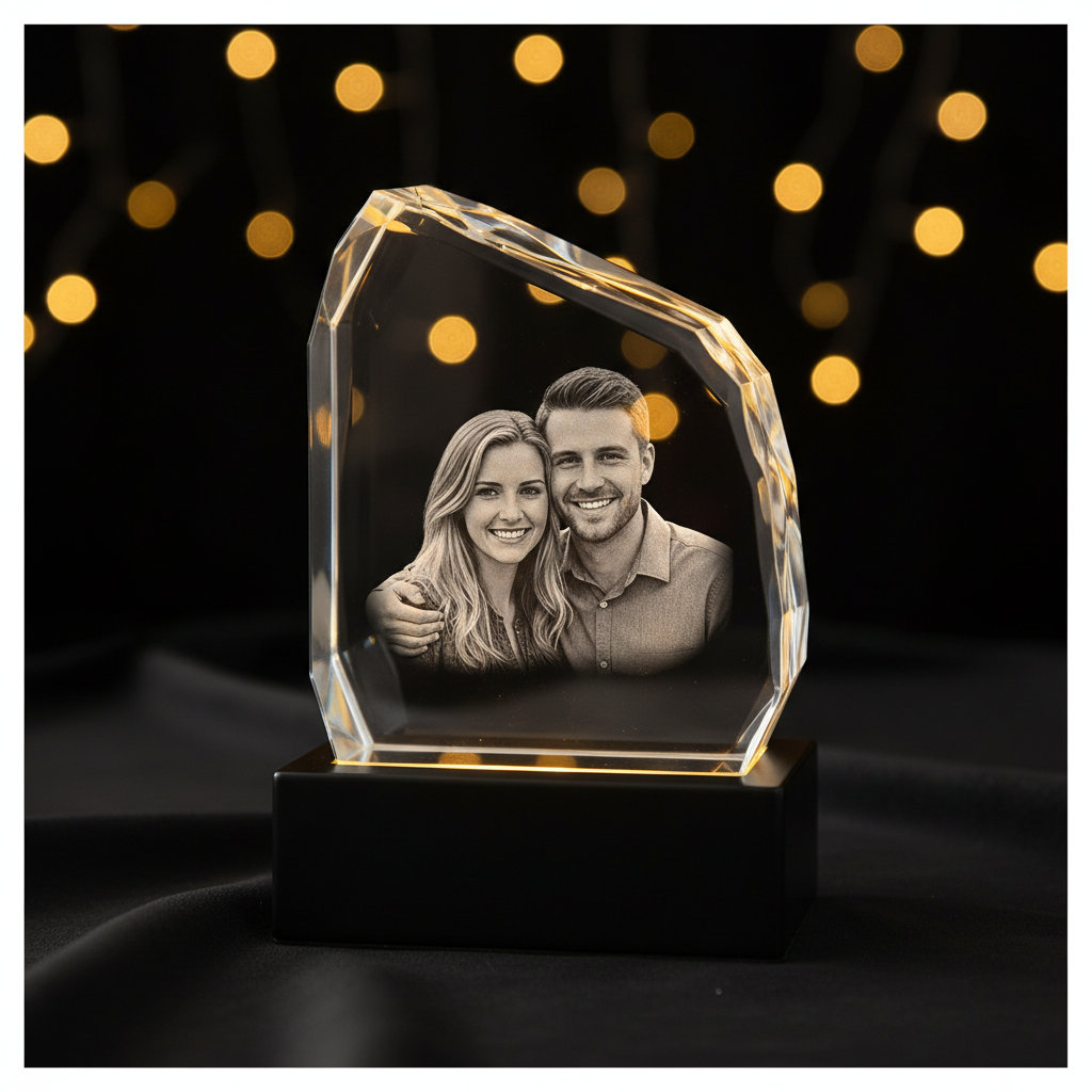 3D Crystal Iceberg with laser engraved couple portrait on LED base