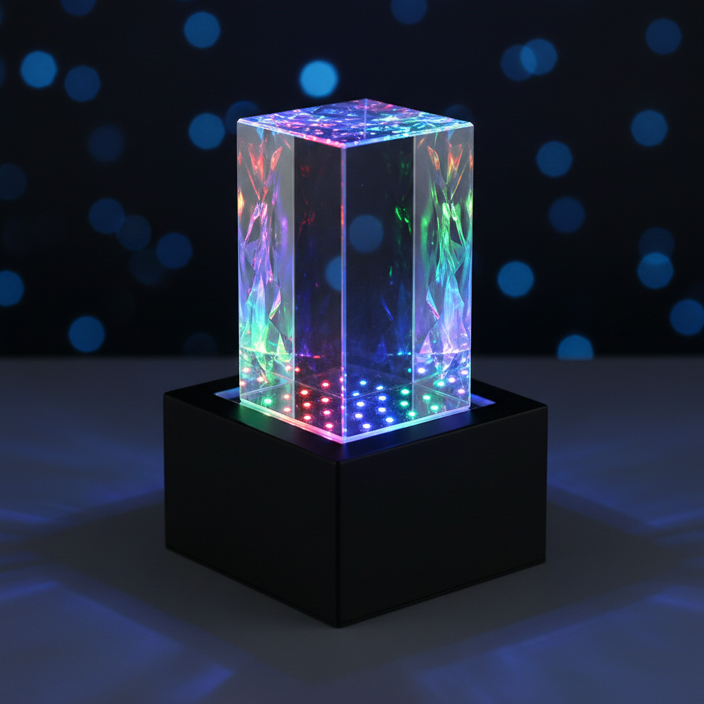 Plastic light base with 3D crystal block glowing with colorful RGB light