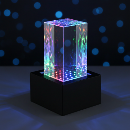 Plastic light base with 3D crystal block glowing with colorful RGB light