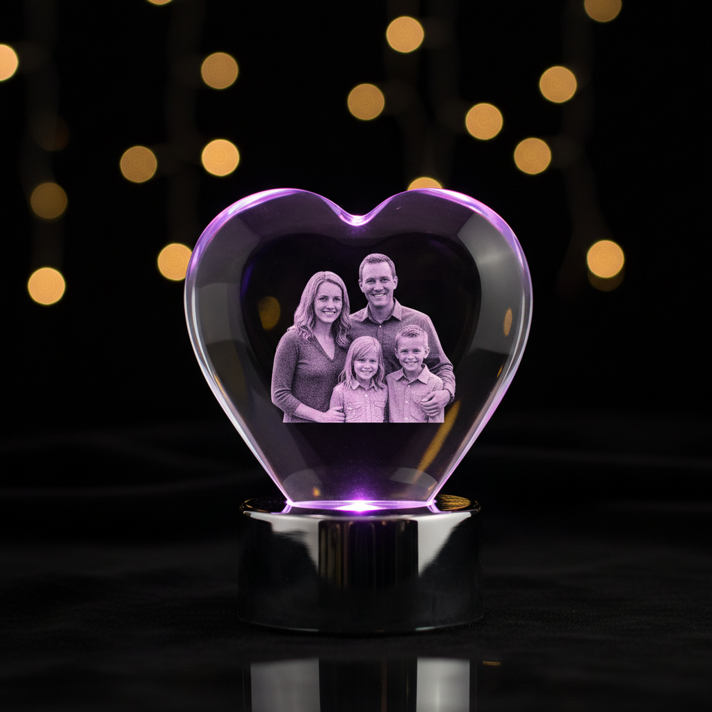 3D Crystal Heart with laser engraved family portrait on pink purple LED base