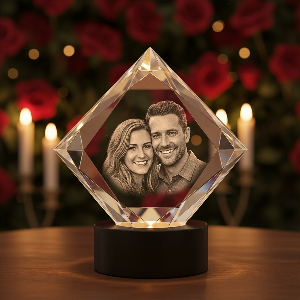 3D Crystal Diamond with laser engraved couple portrait on LED base