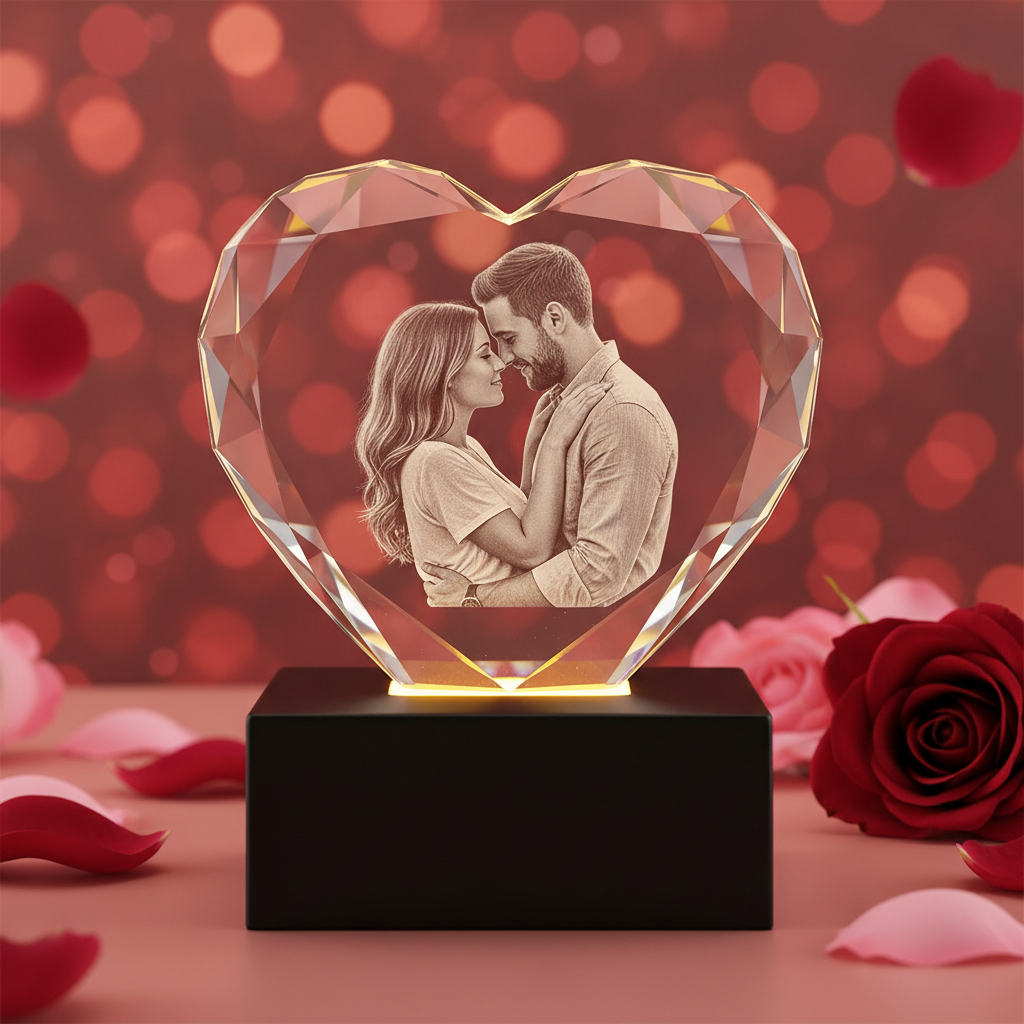 3D Crystal Heart with laser engraved couple portrait on LED base