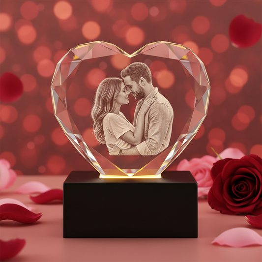 3D Crystal Heart with laser engraved couple portrait on LED base