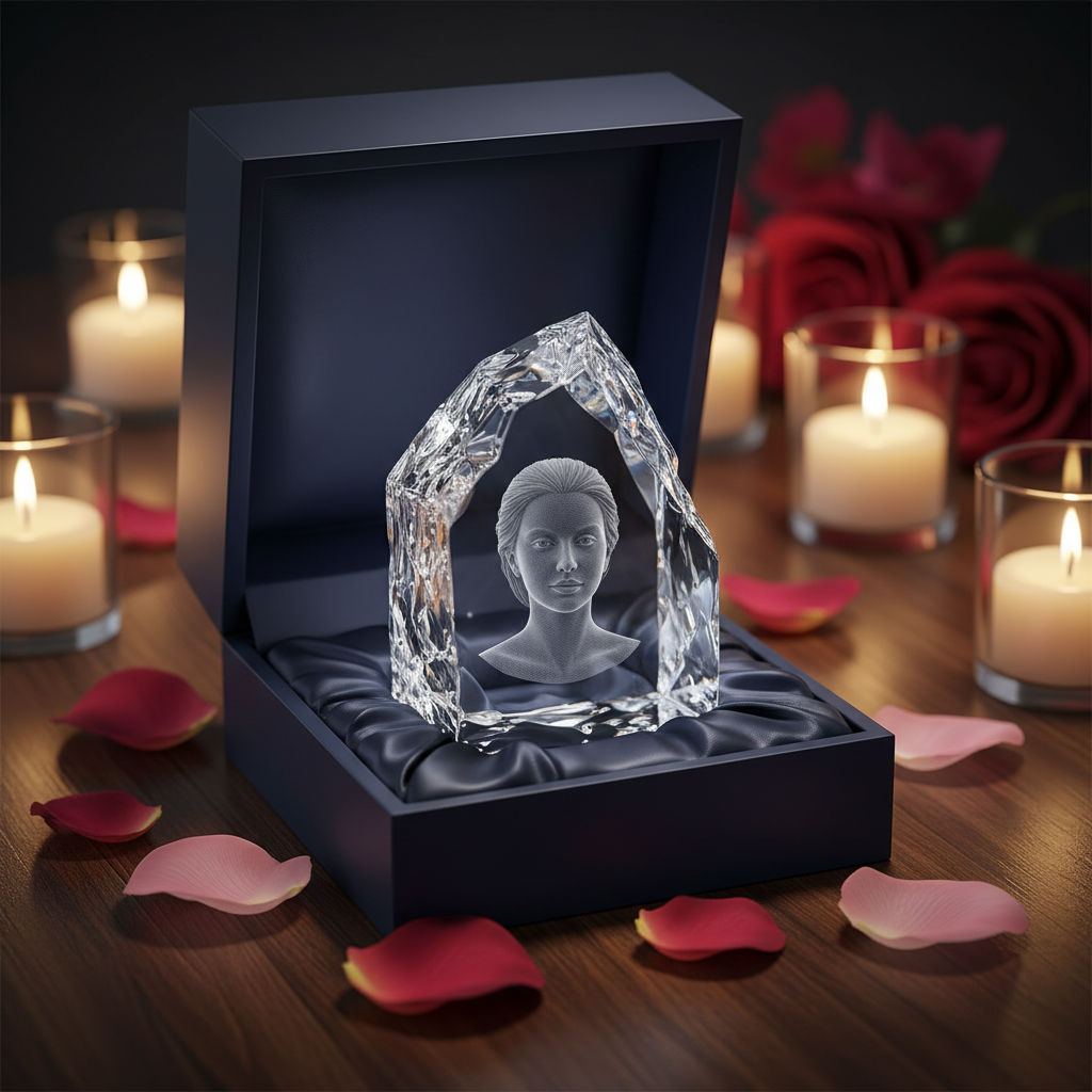 3D Crystal Iceberg in elegant gift box with rose petals and candlelight