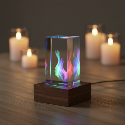 Wood light base with crystal block lit up in colorful light in home setting