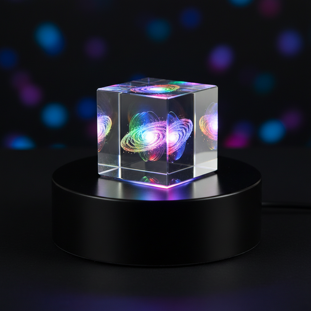 Rotating light base with 3D crystal block glowing with colorful RGB light
