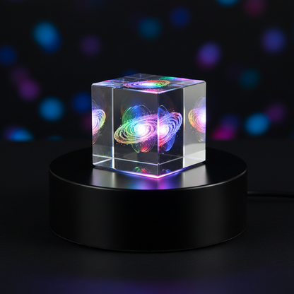 Rotating light base with 3D crystal block glowing with colorful RGB light