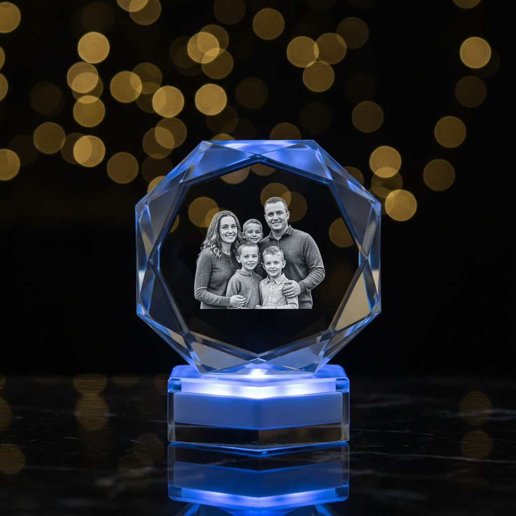 3D Crystal Diamond with laser engraved family portrait on blue LED base